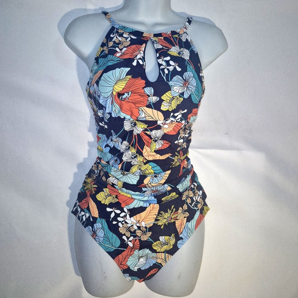 ELLEN TRACY one-piece swimsuit, bright tropical floral design, size 14